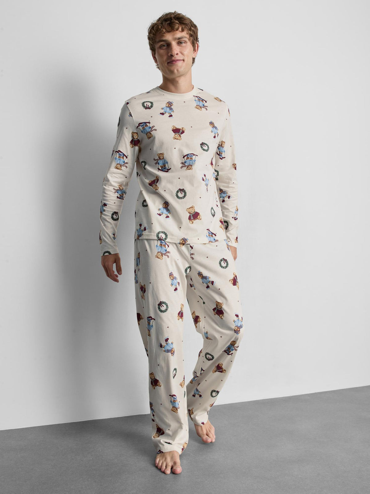 Men’s Pure Cotton Teddy Bear Family Christmas Pyjamas - Ecru