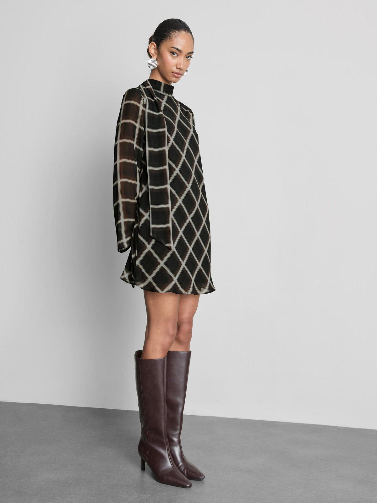Scarf Detail Check Chiffon Mini Dress - Dark Green