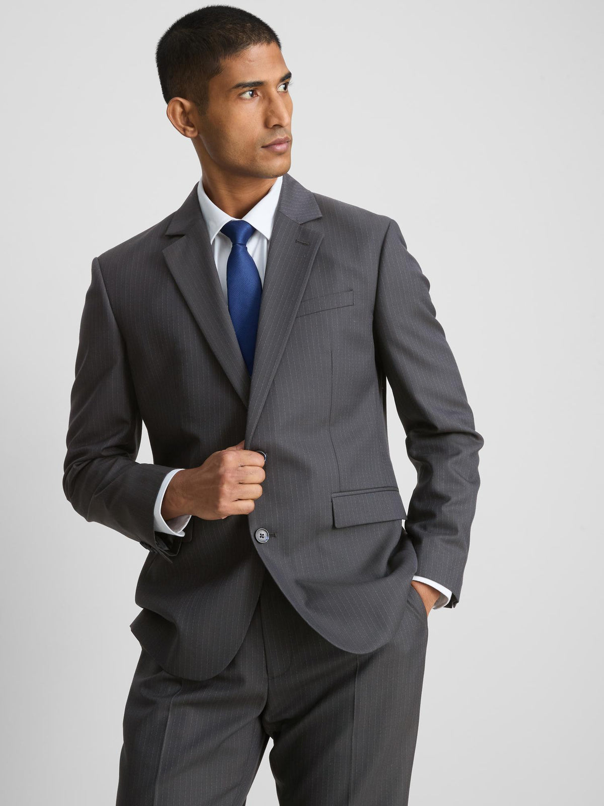 Pinstripe Single-Breasted Suit Jacket - Navy