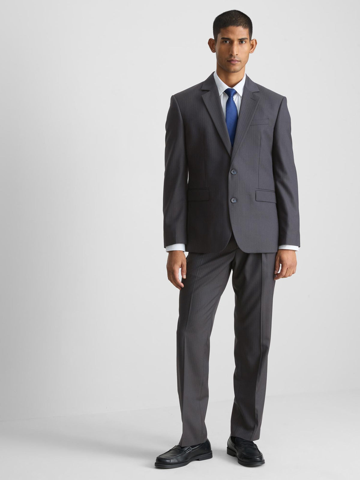 Pinstripe Single-Breasted Suit Jacket - Navy