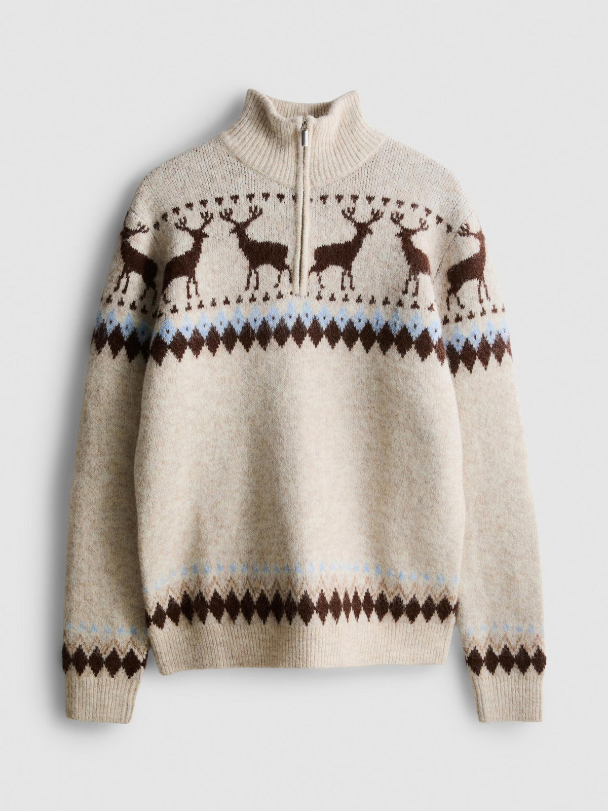 Reindeer Fair Isle Quarter Zip Knitted Jumper - Ecru