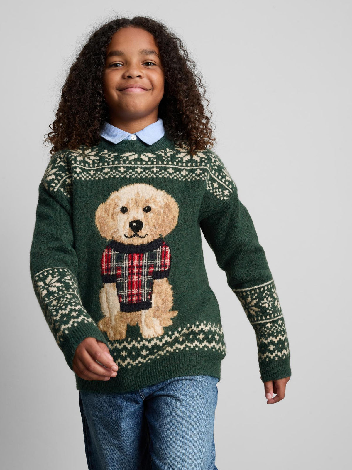 7-15yrs | Kids’ Twinning Family Dog Christmas Jumper - Green