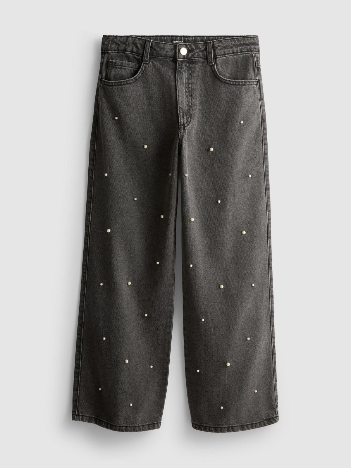 7-15yrs | Pure Cotton Faux Pearl Wide Leg Jeans - Barely Black
