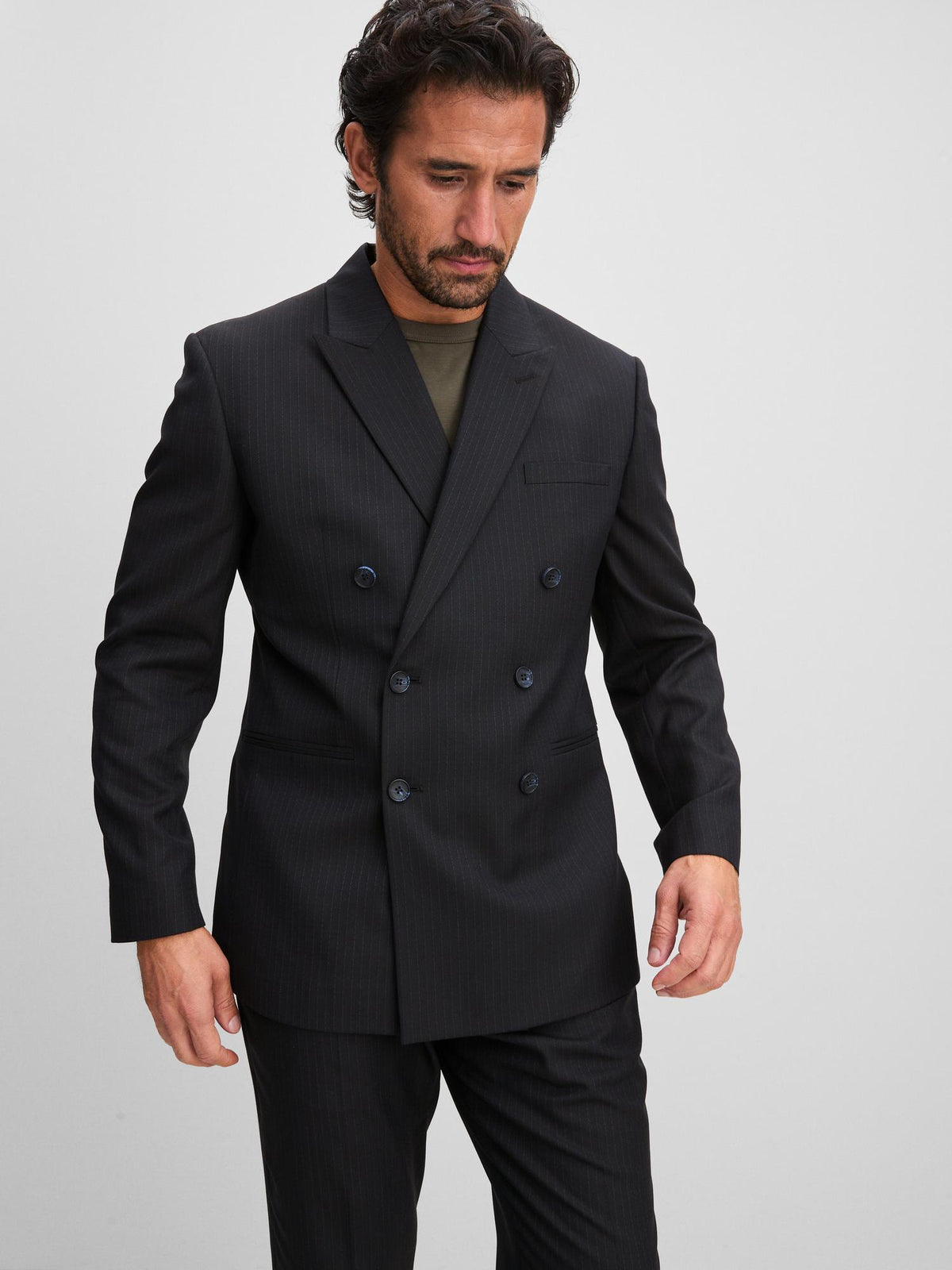 Double-Breasted Pinstripe Suit Jacket - Navy