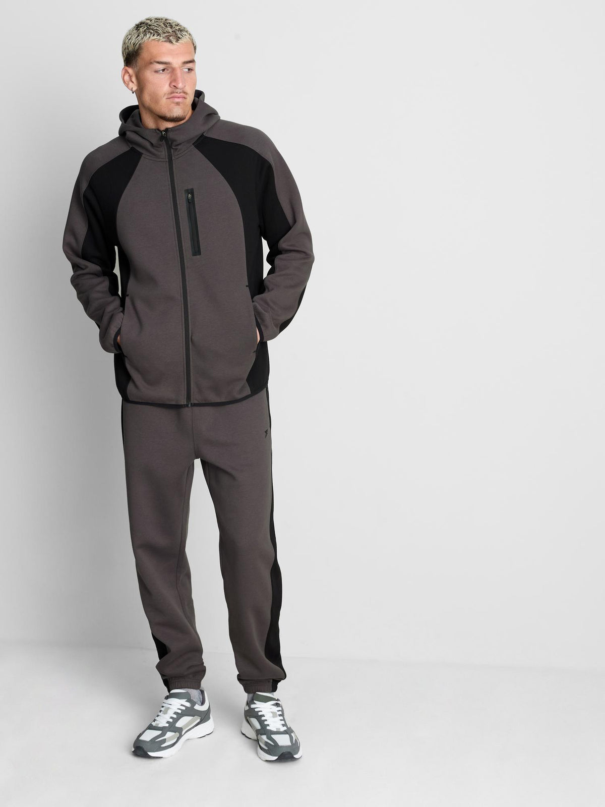 Colour Block Zip Hoodie - Charcoal