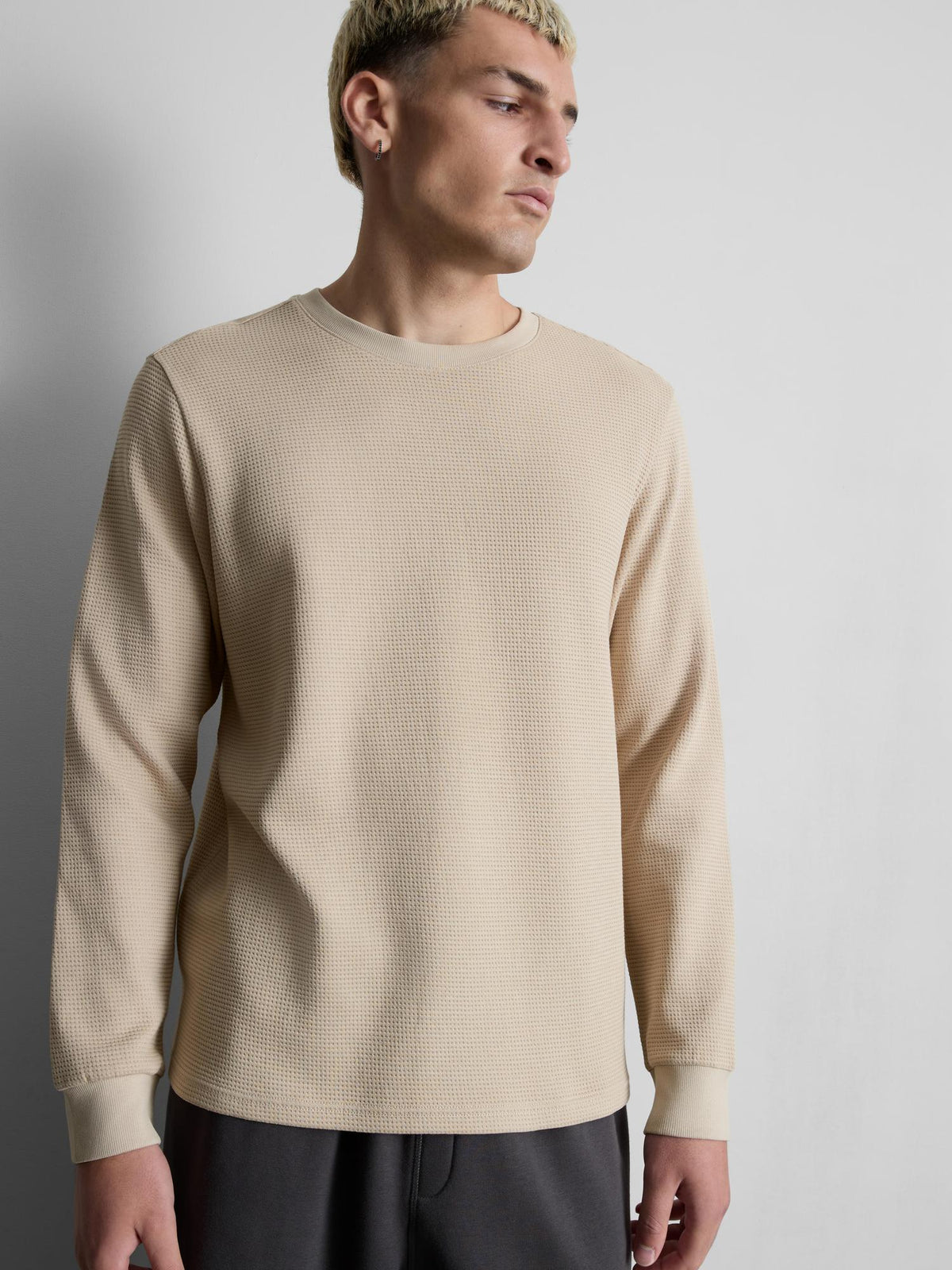 Pure Cotton Waffle Long Sleeve T-Shirt - Stone