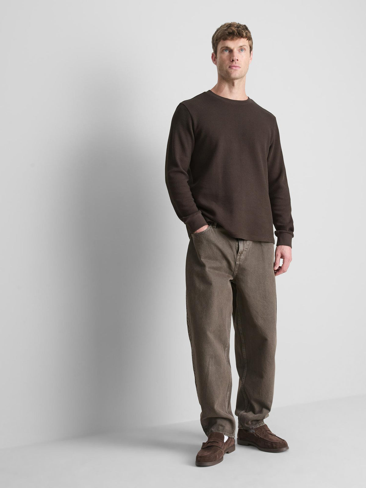 Pure Cotton Waffle Long Sleeve T-Shirt - Chocolate