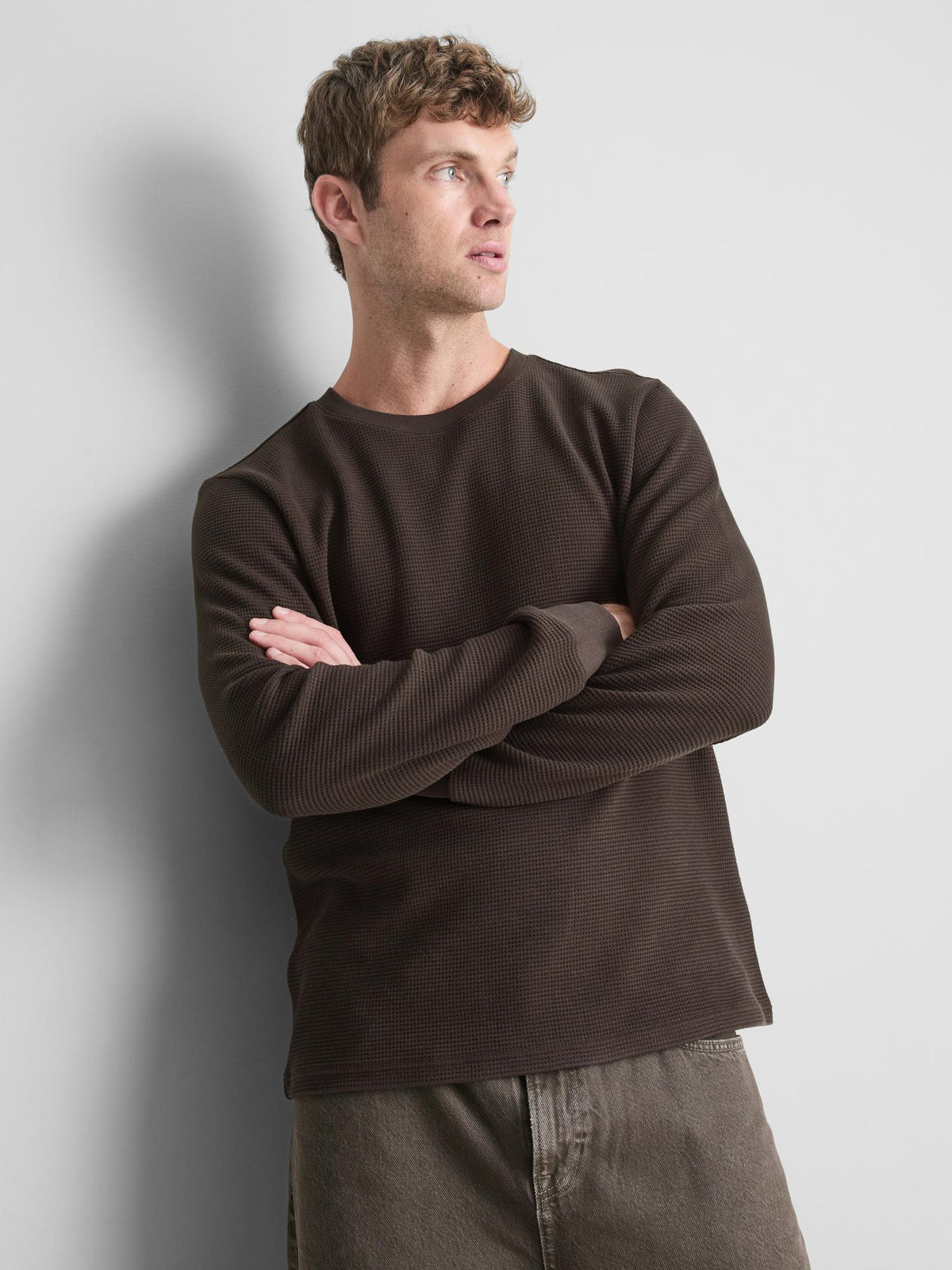 Pure Cotton Waffle Long Sleeve T-Shirt - Chocolate