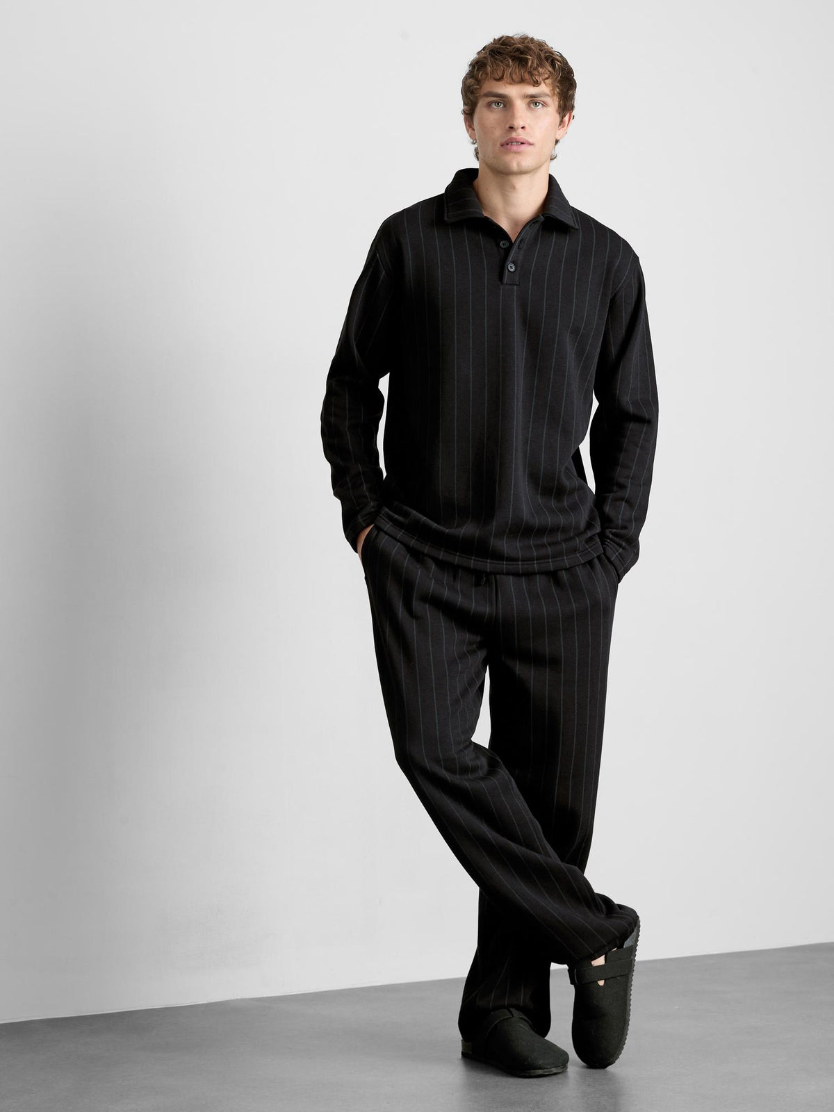 The Edit Striped Long Sleeve Pyjama Polo Top - Black