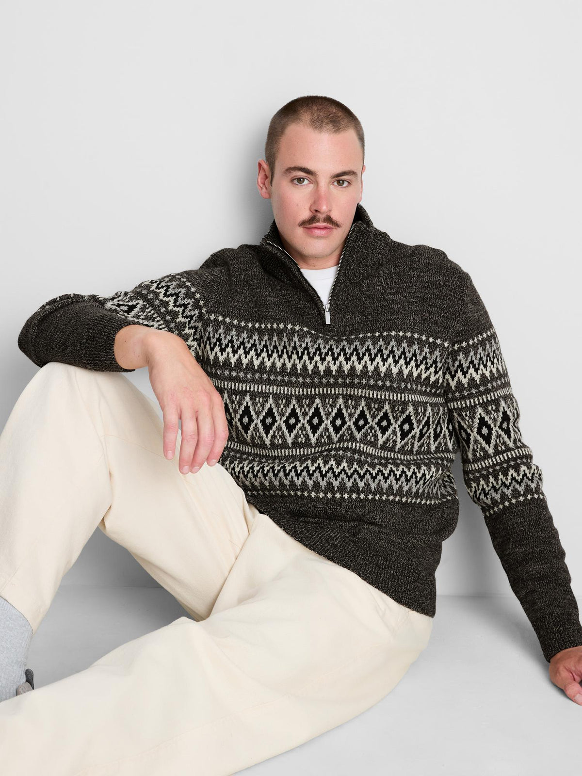 Fair Isle Half-Zip Knitted Jumper - Black