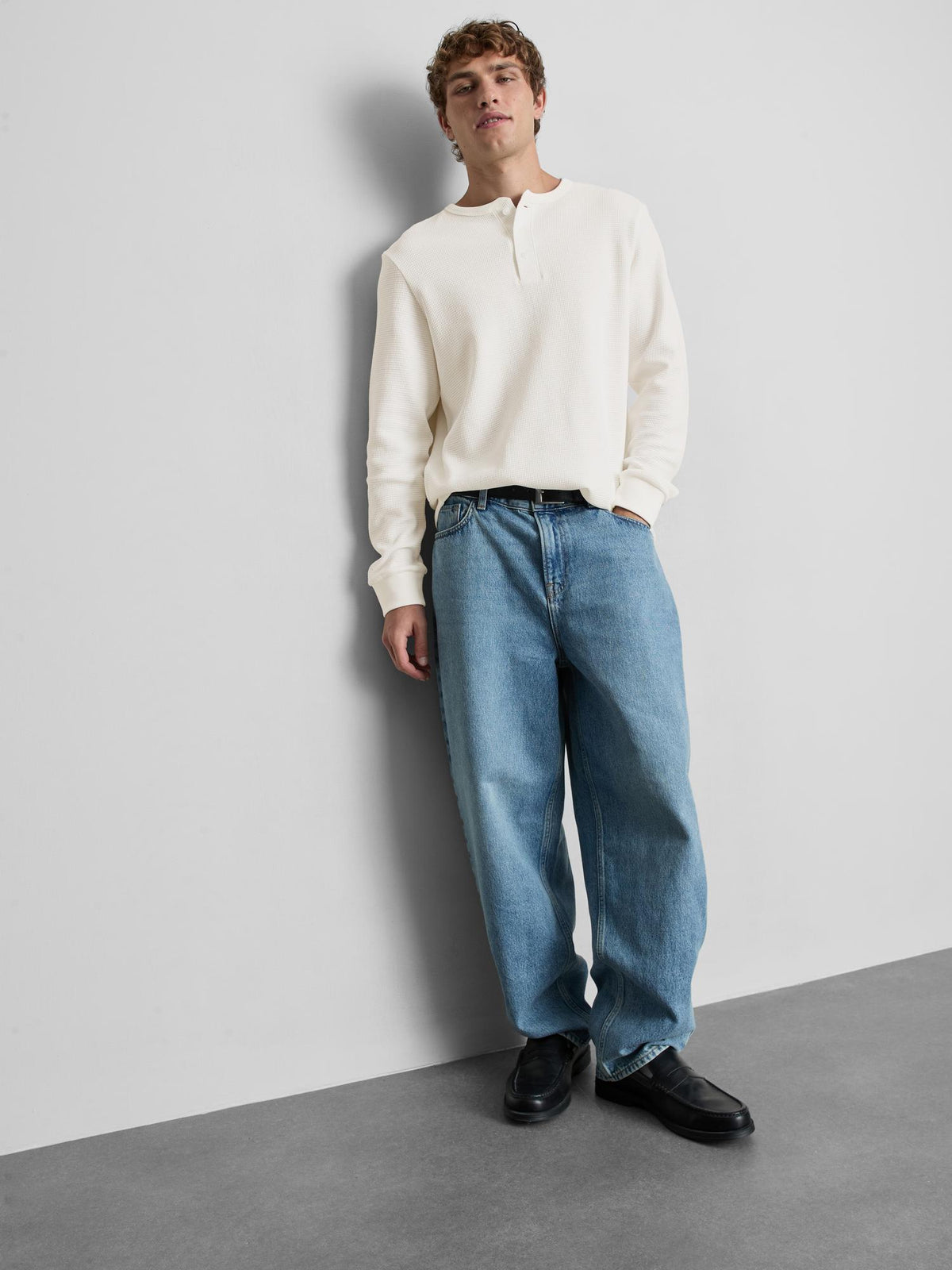 Pure Cotton Waffle Long Sleeve T-Shirt - Ecru