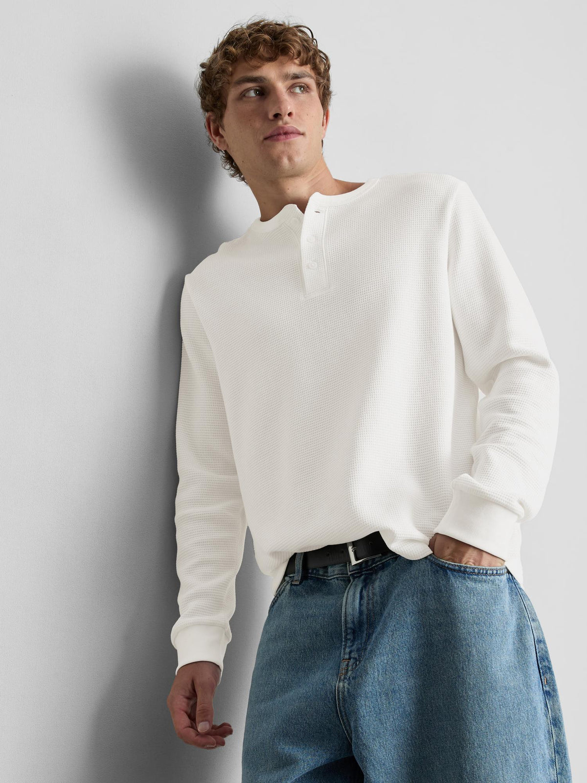Pure Cotton Waffle Long Sleeve T-Shirt - Ecru
