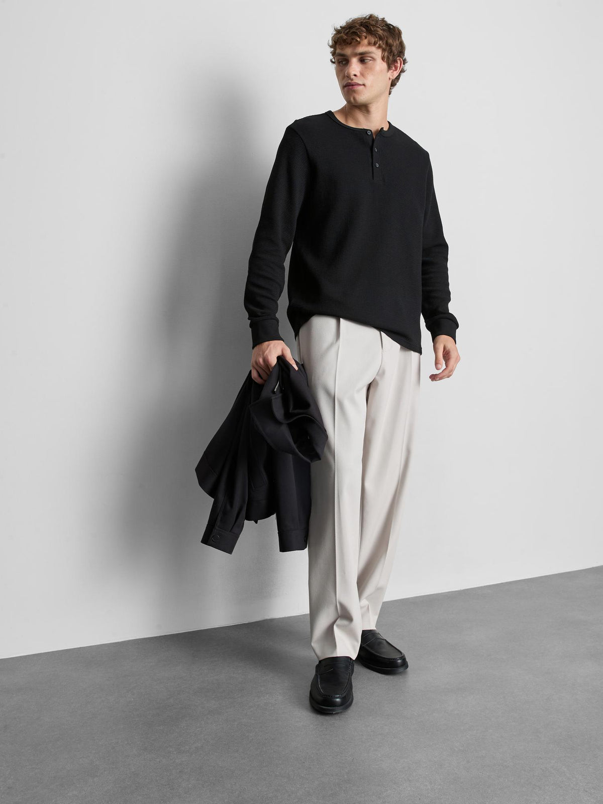 Pure Cotton Waffle Long Sleeve T-Shirt - Black
