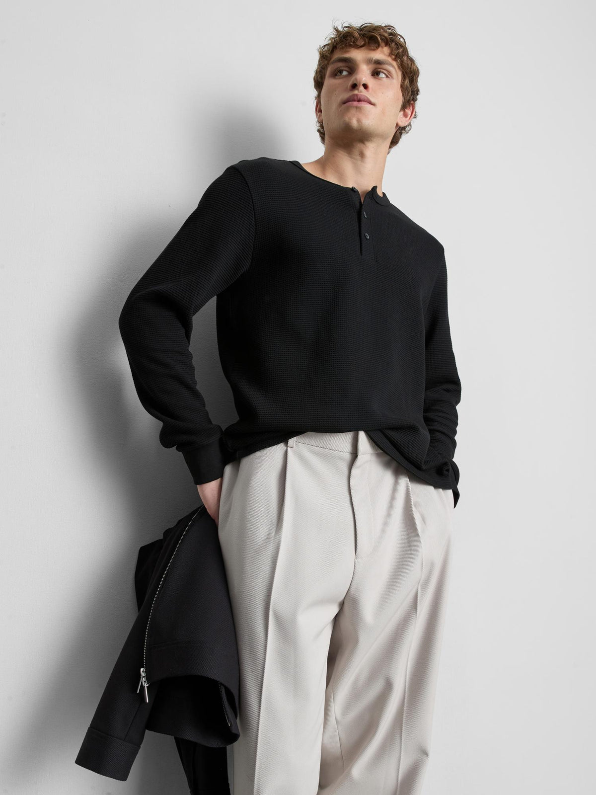 Pure Cotton Waffle Long Sleeve T-Shirt - Black