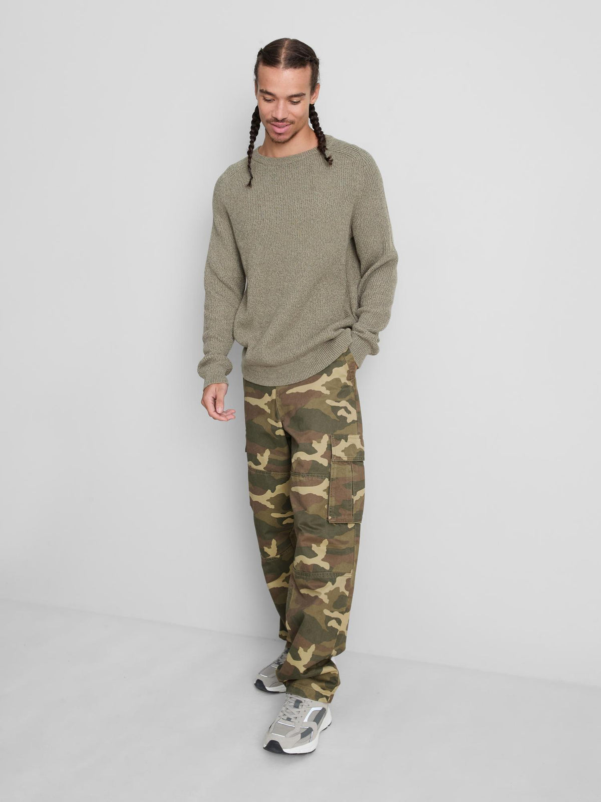 Pure Cotton Loose Fit Cargo Trousers - Camouflage