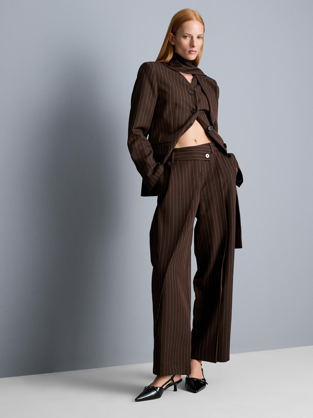 Asymmetric Pinstripe Trousers - Brown