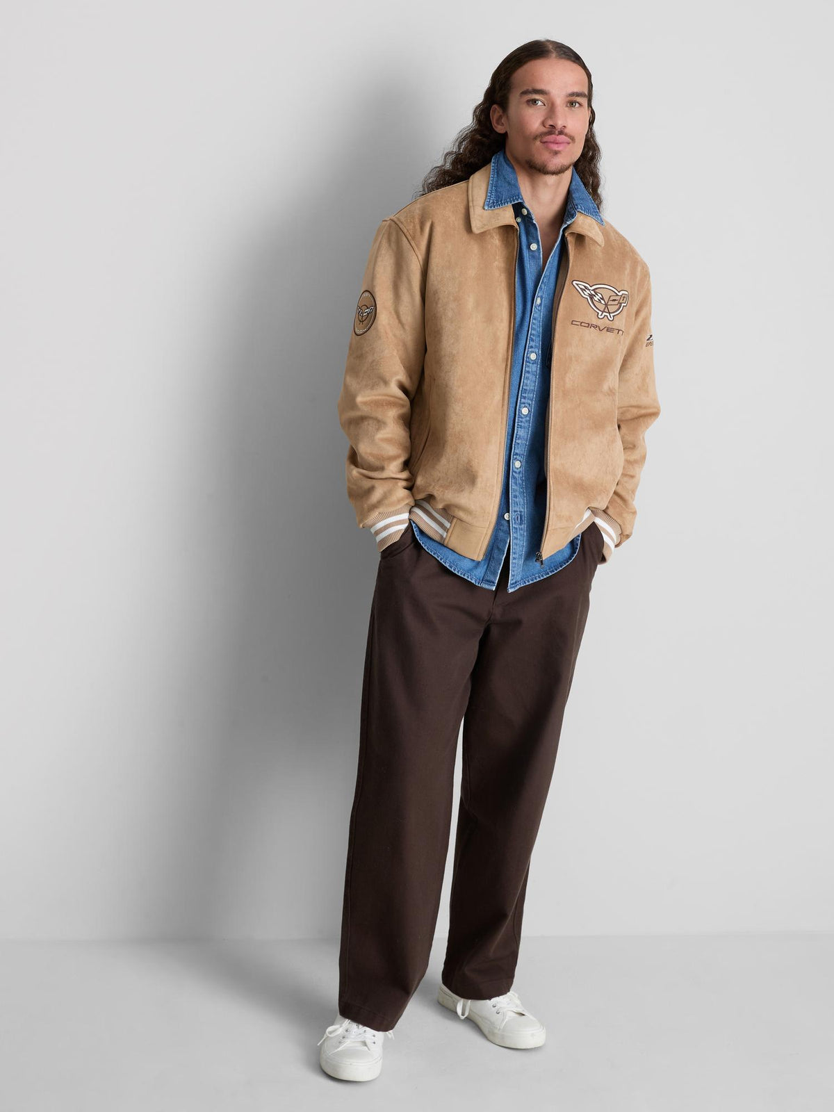 Chevrolet Corvette Faux Suede Bomber Jacket - Ecru