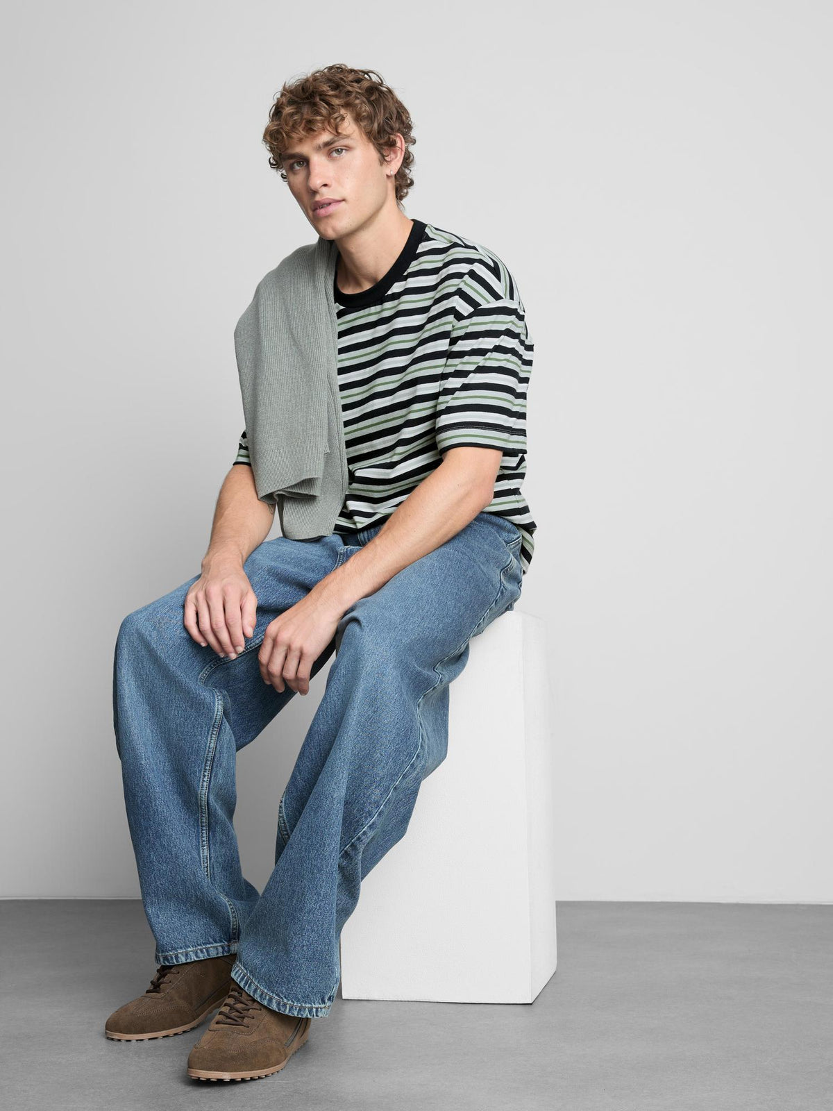 Pure Cotton Stripe Boxy T-Shirt - Green