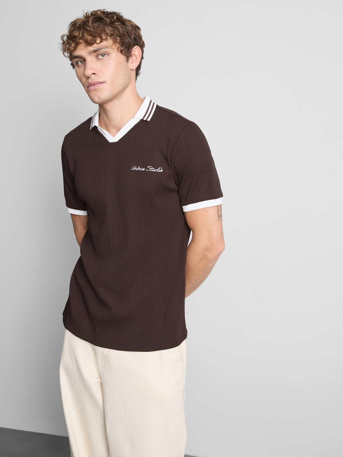 Pure Cotton Ribbed Polo Shirt - Brown