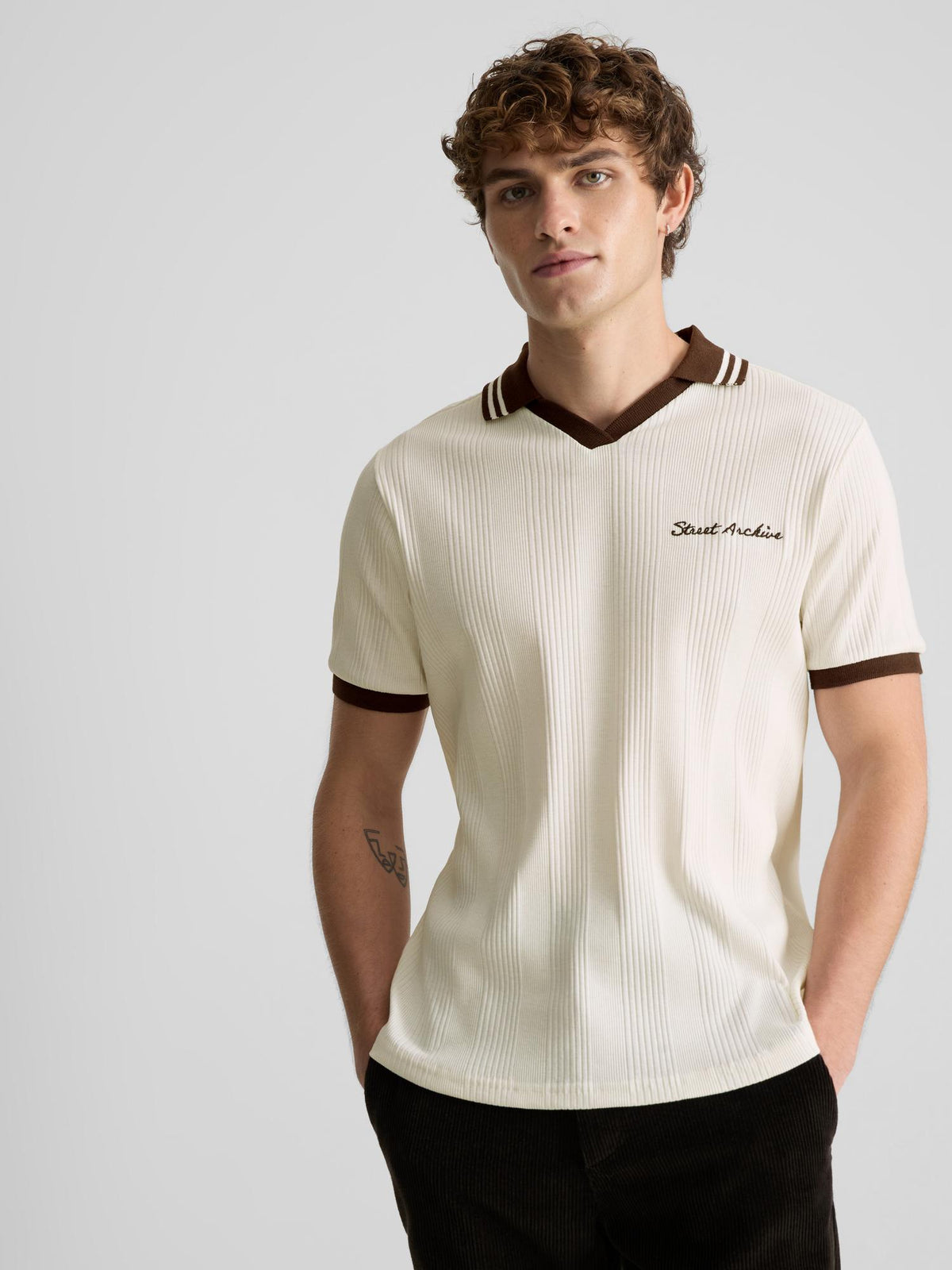 Ribbed Open Collar Polo Shirt - Ecru