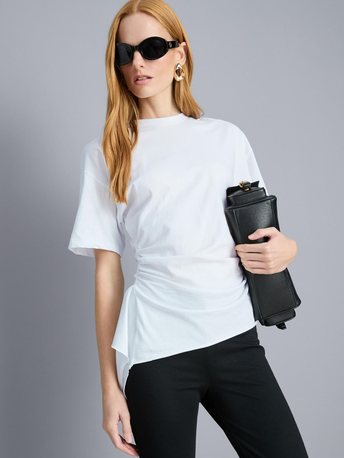 Pure Cotton Asymmetric Waterfall Tee - White