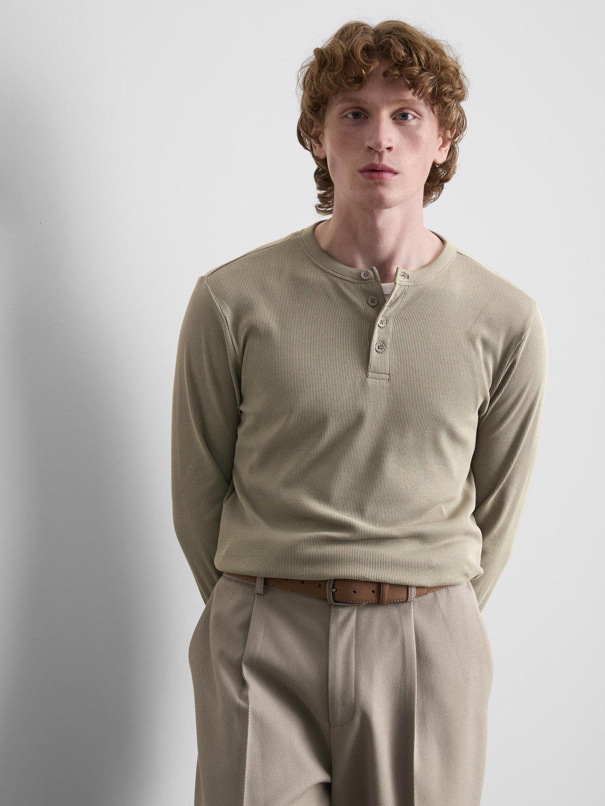 Cotton Rich Ribbed Henley Top - Stone