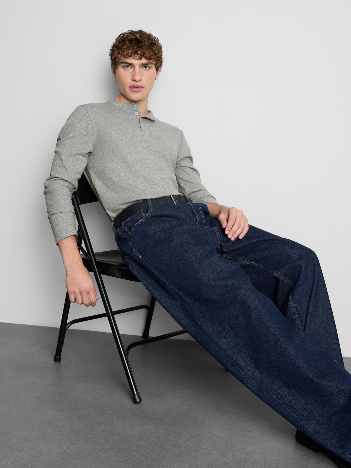 Cotton Rich Ribbed Long Sleeve Henley T-Shirt - Grey Marl