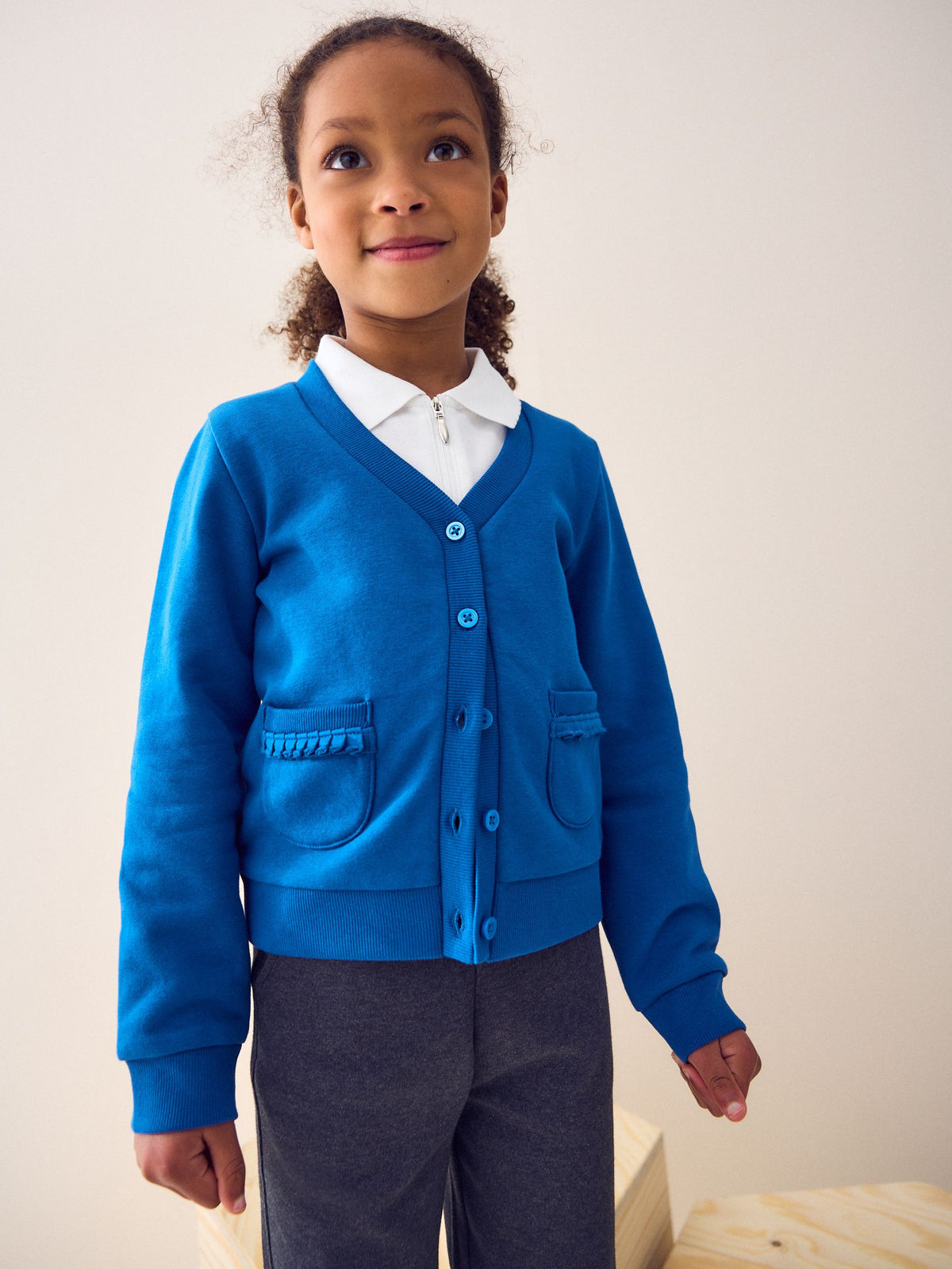 Blue Cotton Rich Frill Pocket Jersey School Cardigan (3-16yrs)
