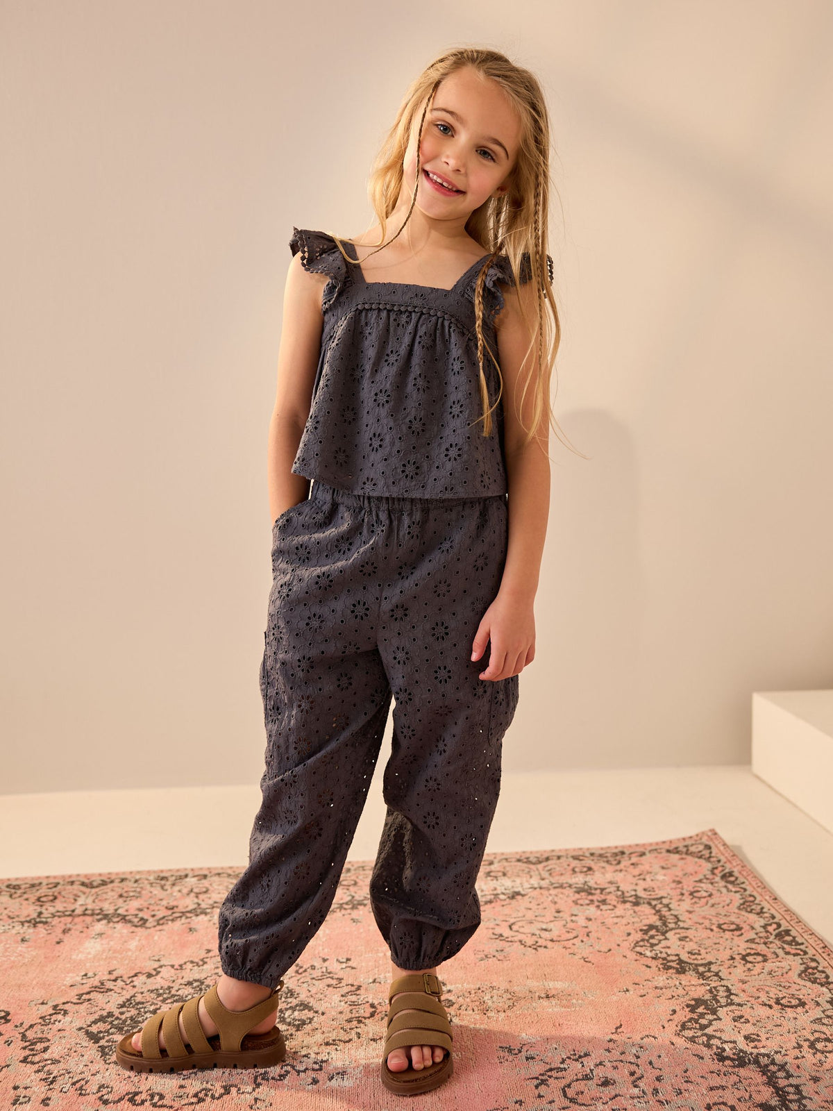 Charcoal Grey Broderie 100% Cotton Top and Trousers Set (3-16yrs)