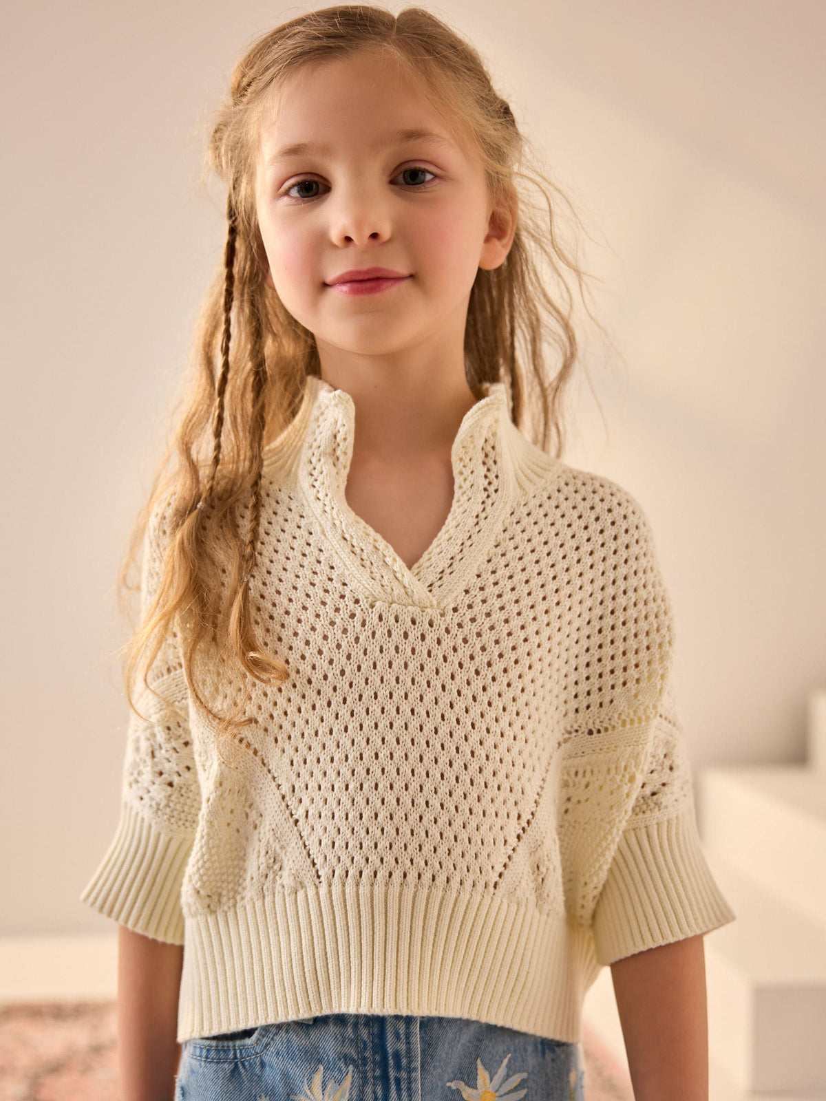 Ecru Short Sleeved Knitted Collar 100% Cotton Jumper (3-16yrs)