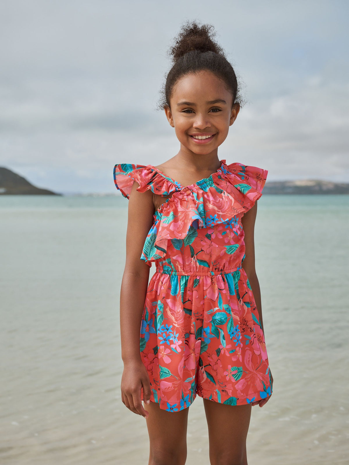 Red Tropical Frill Shoulder Playsuit (3-16yrs)