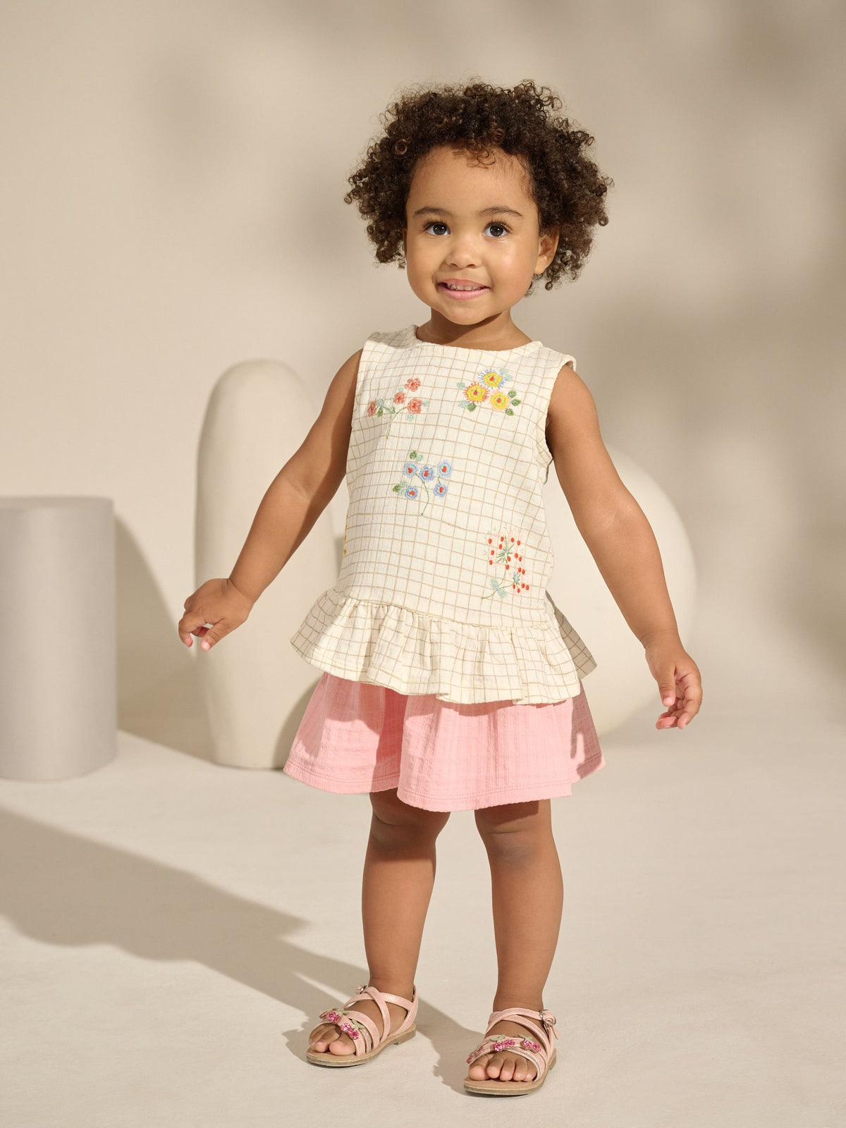 White/Pink Embroidered Flowers Peplum 100% Cotton Vest and Shorts Set (3mths-7yrs)