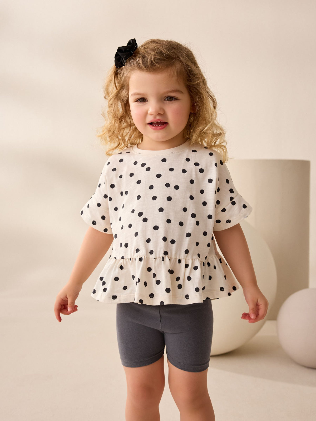 Black/White Spot 100% Cotton Short Sleeve Peplum T-Shirt (3mths-7yrs)