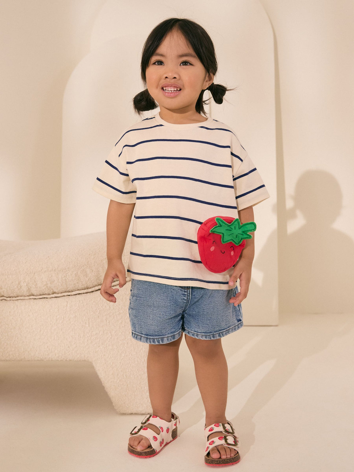 Cream/Navy Stripe Strawberry 100% Cotton Short Sleeve Bag T-Shirt (3mths-7yrs)