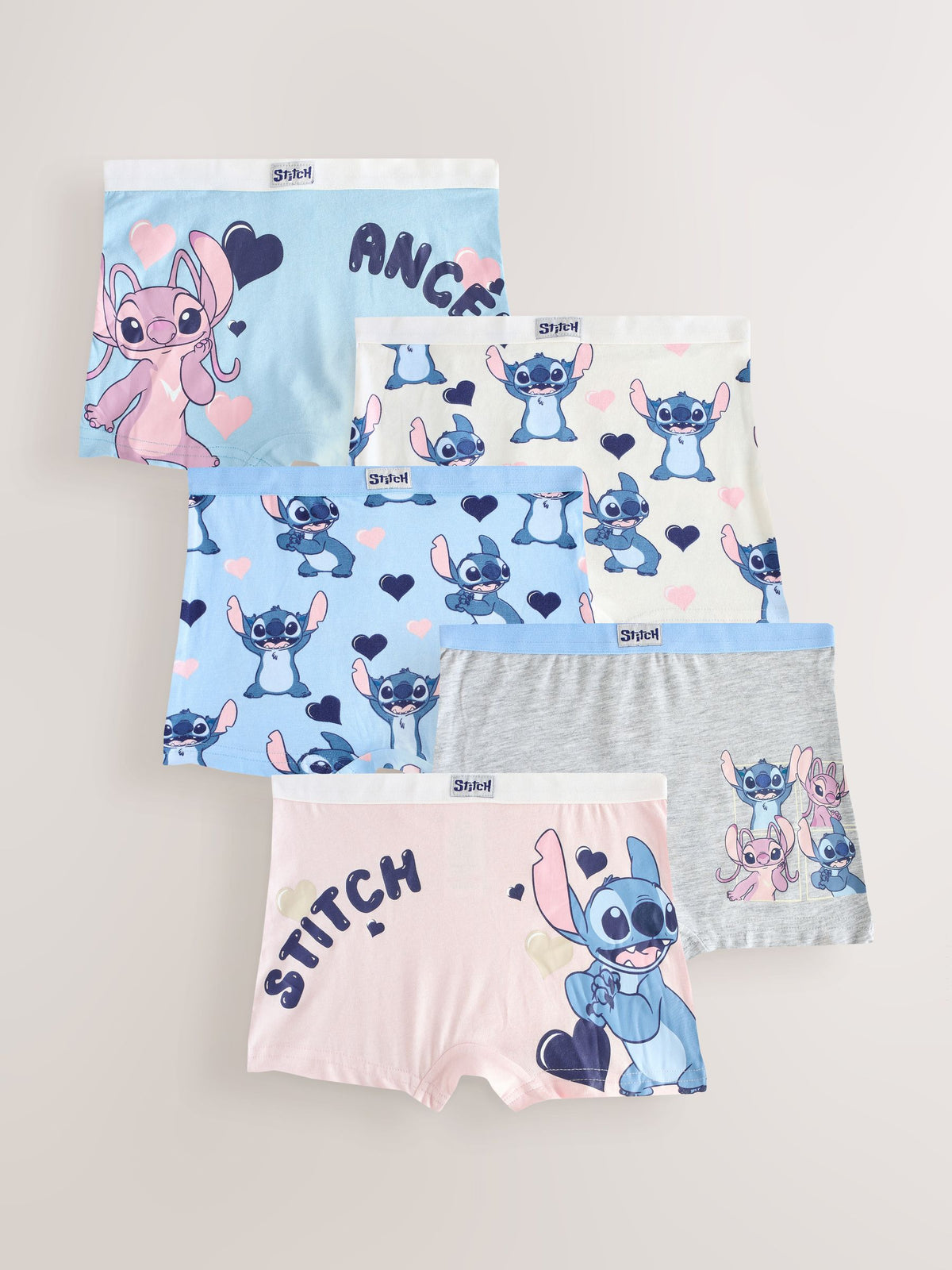 Pink/Blue Disney Stitch and Angel Shorts 5 Pack (2-16yrs)
