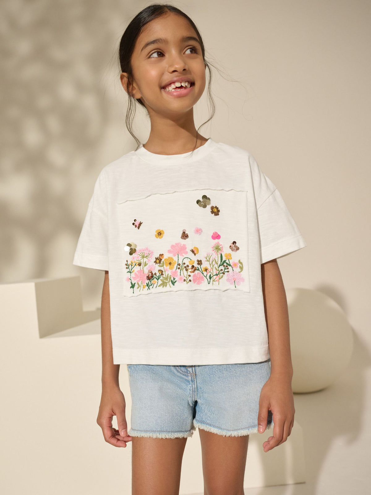 White 100% Cotton Sequin Embroidered Floral Print T-Shirt (3-16yrs)