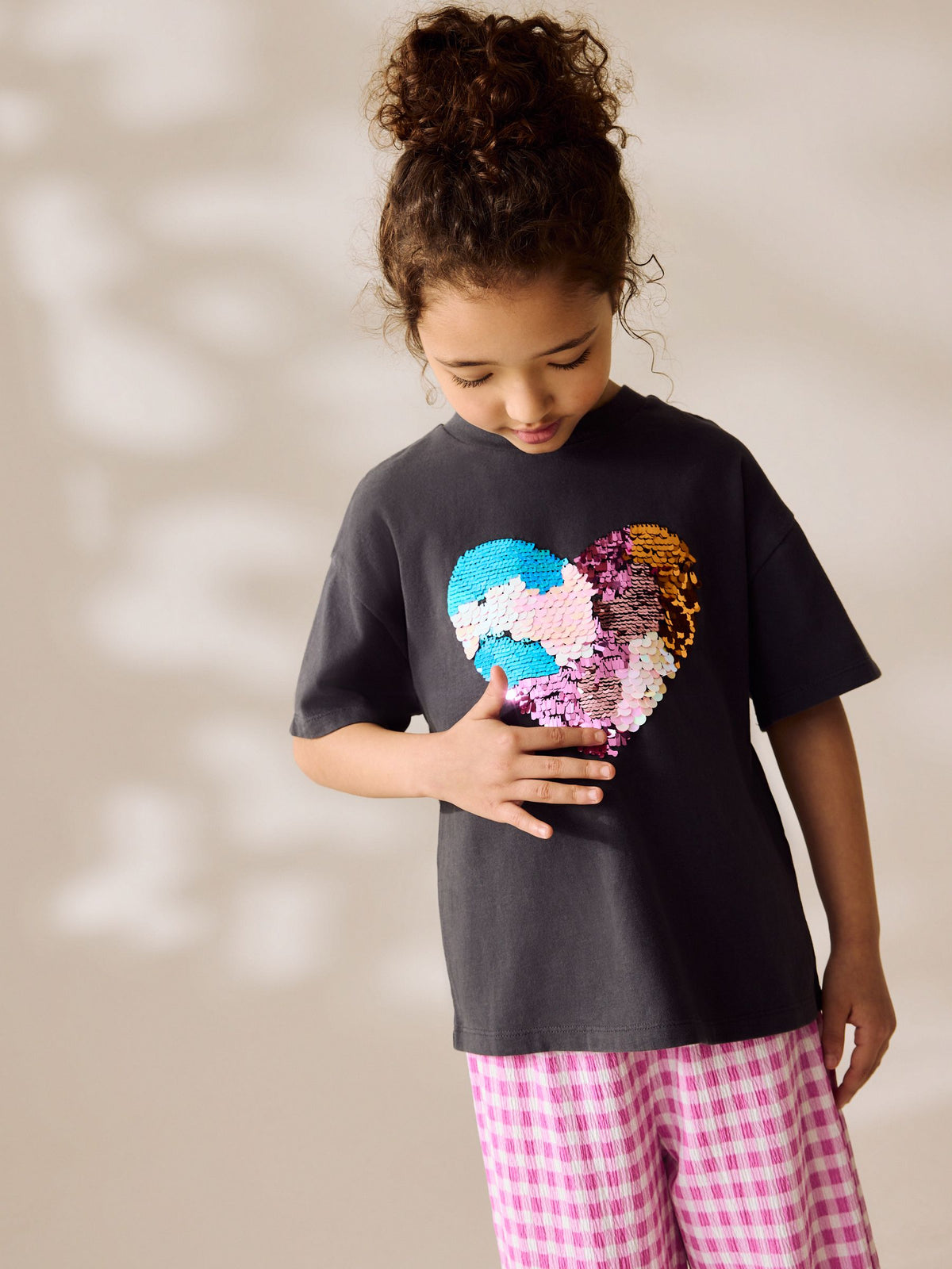 Charcoal Grey Sequin Heart Print T-Shirt (3-16yrs)