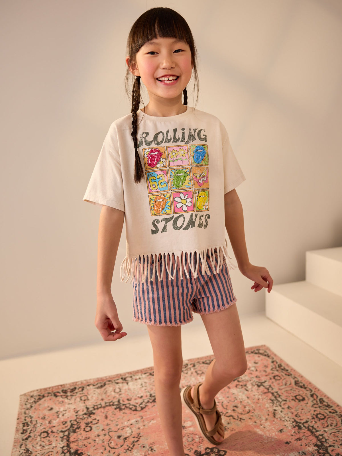 Neutral 100% Cotton Sequin Rolling Stones Fringe T-Shirt (3-16yrs)