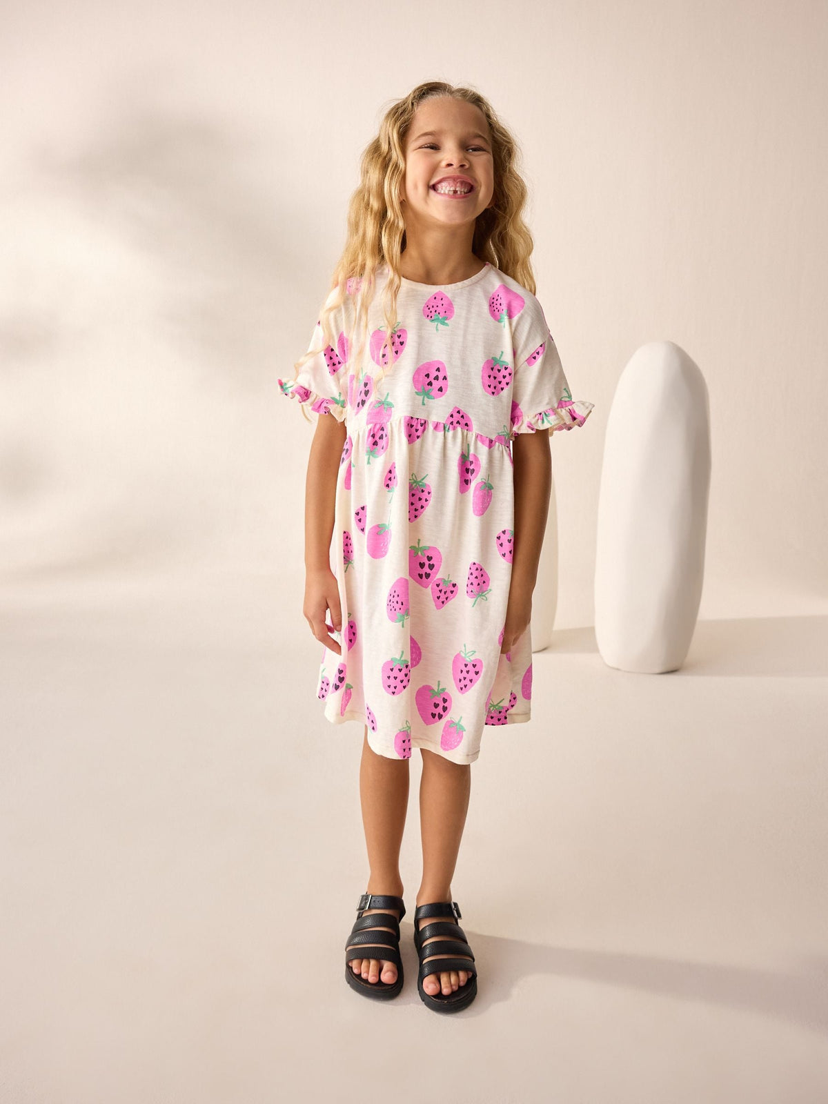 Pink Strawberry Short Sleeve Jersey Summer Dress (3-16yrs)