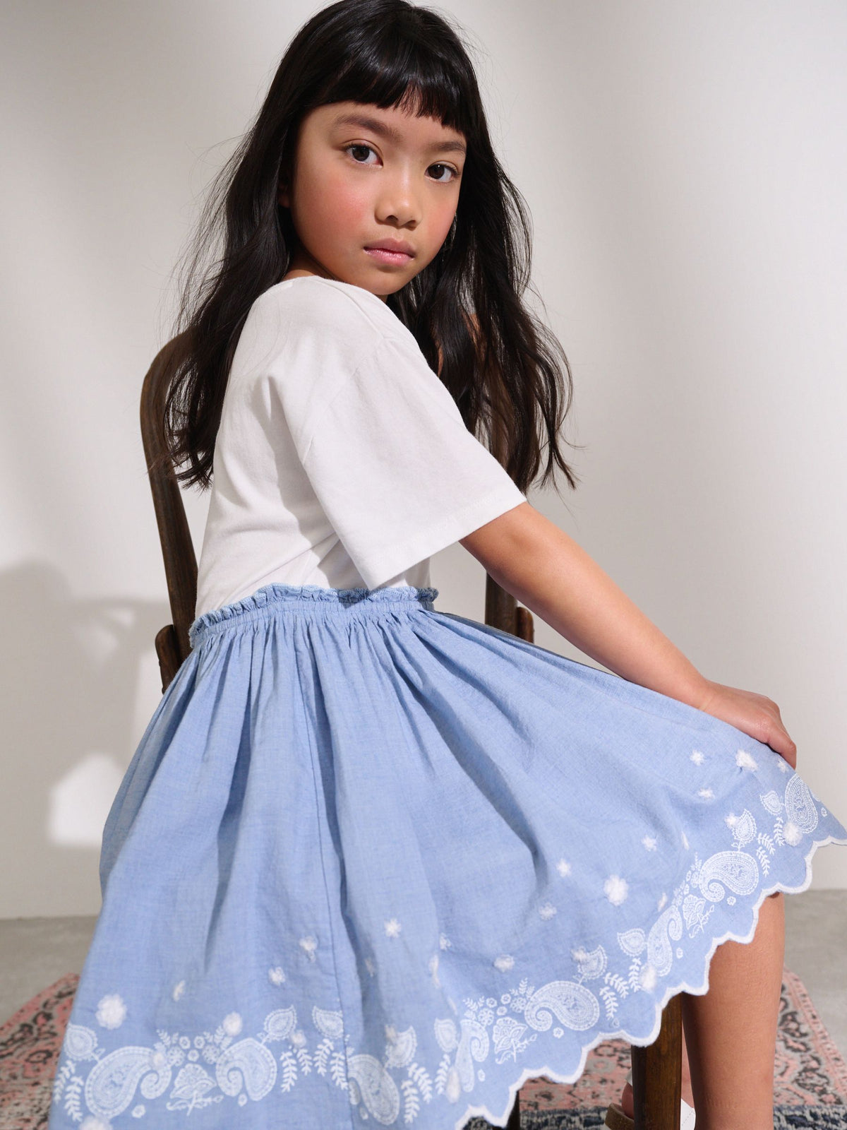 White/Blue Daisy Trim Embroidered 100% Cotton Skirt Dress (3-12yrs)