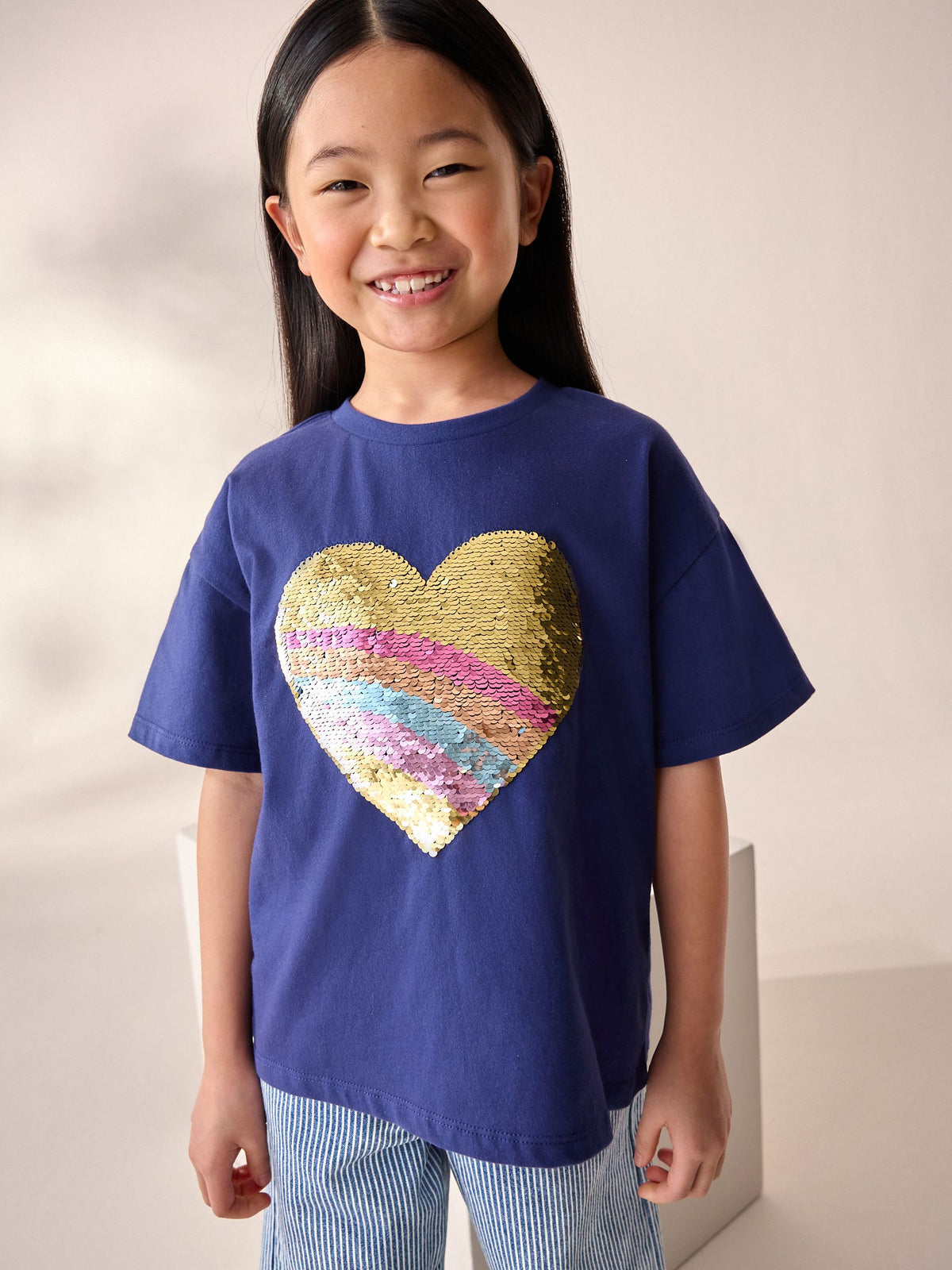 Navy Sequin Heart Print T-Shirt (3-16yrs)