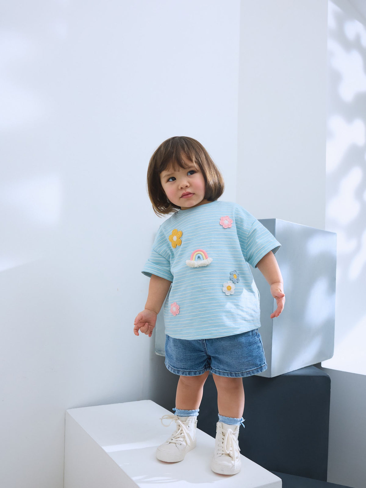 Blue Crochet Rainbow Flowers Short Sleeve T-Shirt (3mths-7yrs)