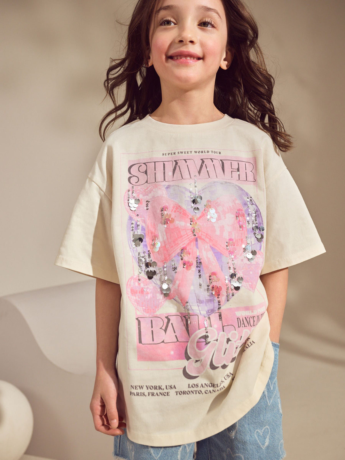 Ecru White Oversized Sequin Graphic Print T-Shirt (3-16yrs)