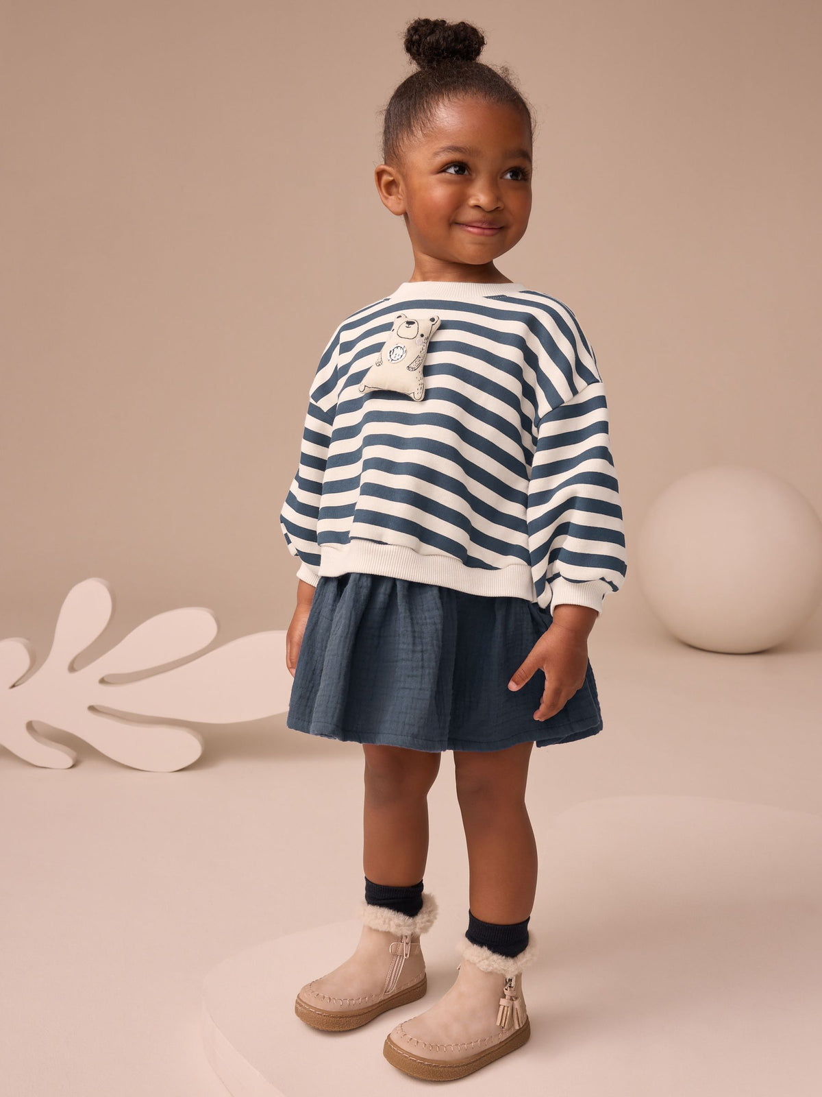 Navy Striped Mesh Skirt Sweat Dress (3mths-7yrs)