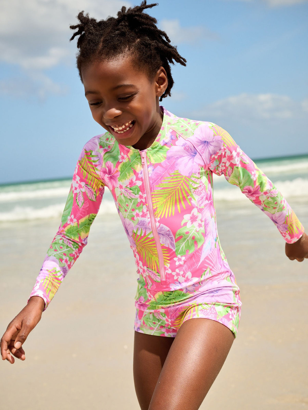 Pink Tropical Long Sleeved Shortie Swimsuit (3-16yrs)