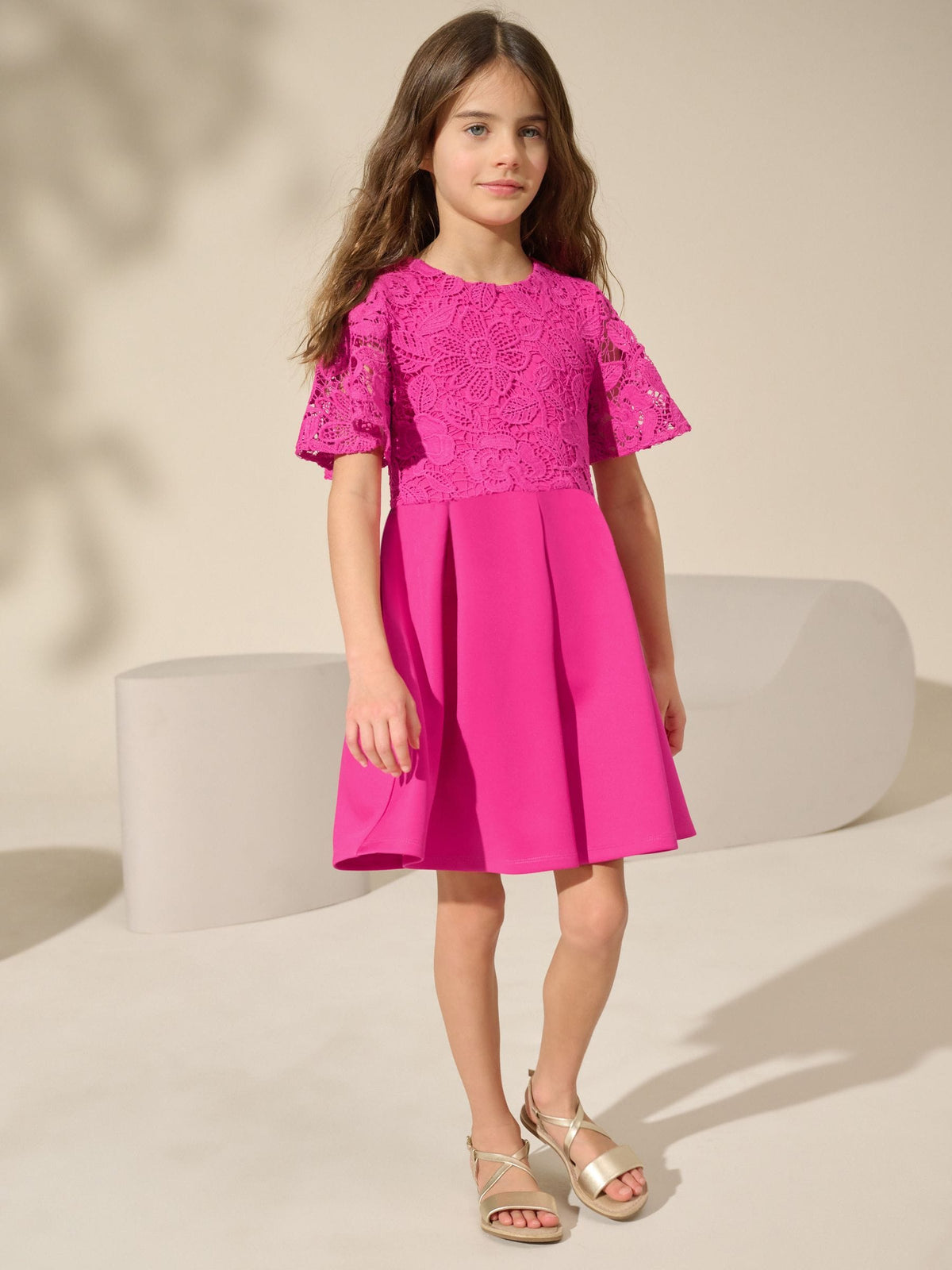 Magenta Pink Lace Scuba Dress (3-16yrs)