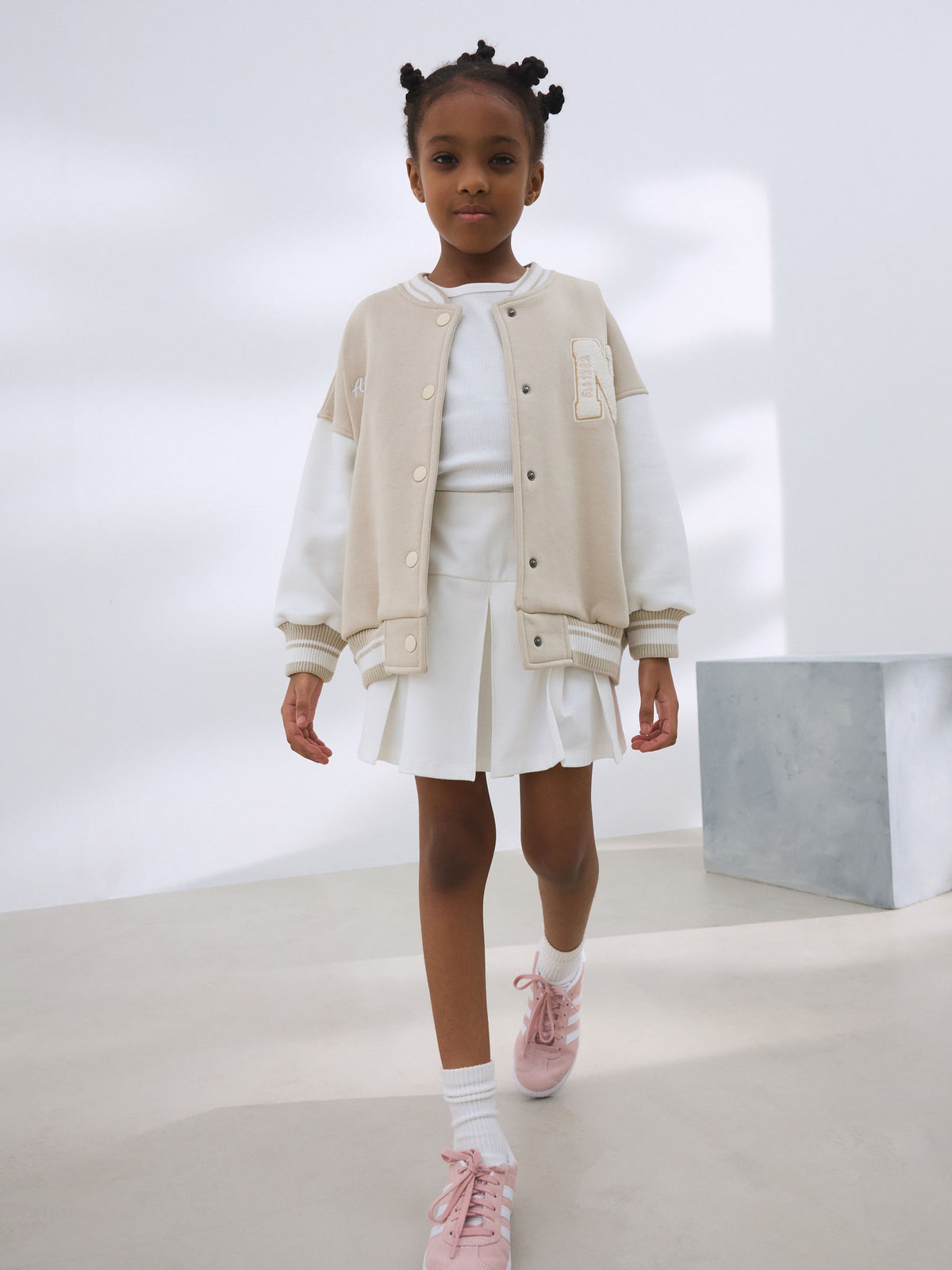 Beige Boucle Varsity Embroidered Jacket (3-16yrs)