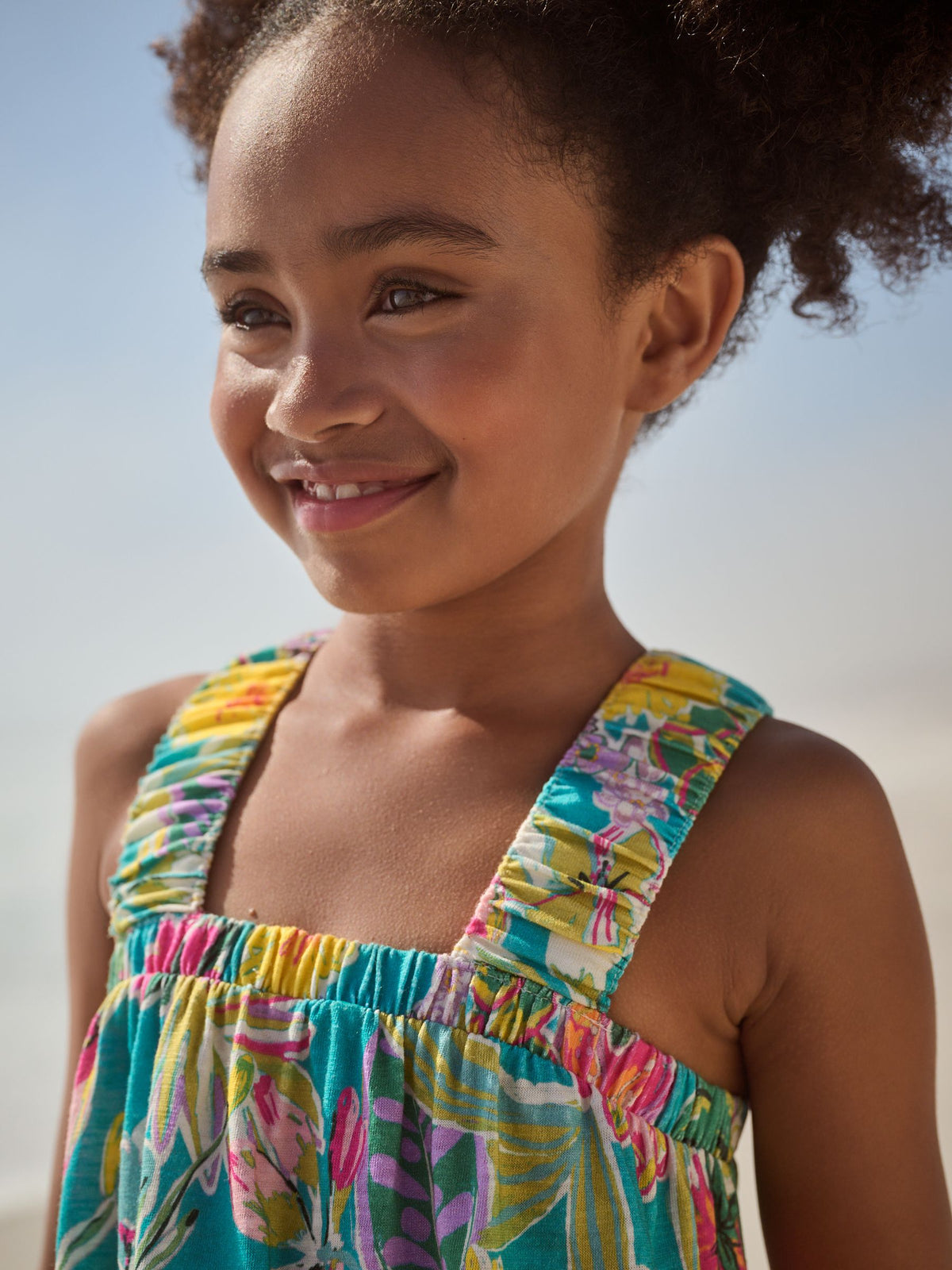 Green Tropical Print 100% Cotton Ruched Strap Sundress (3-16yrs)