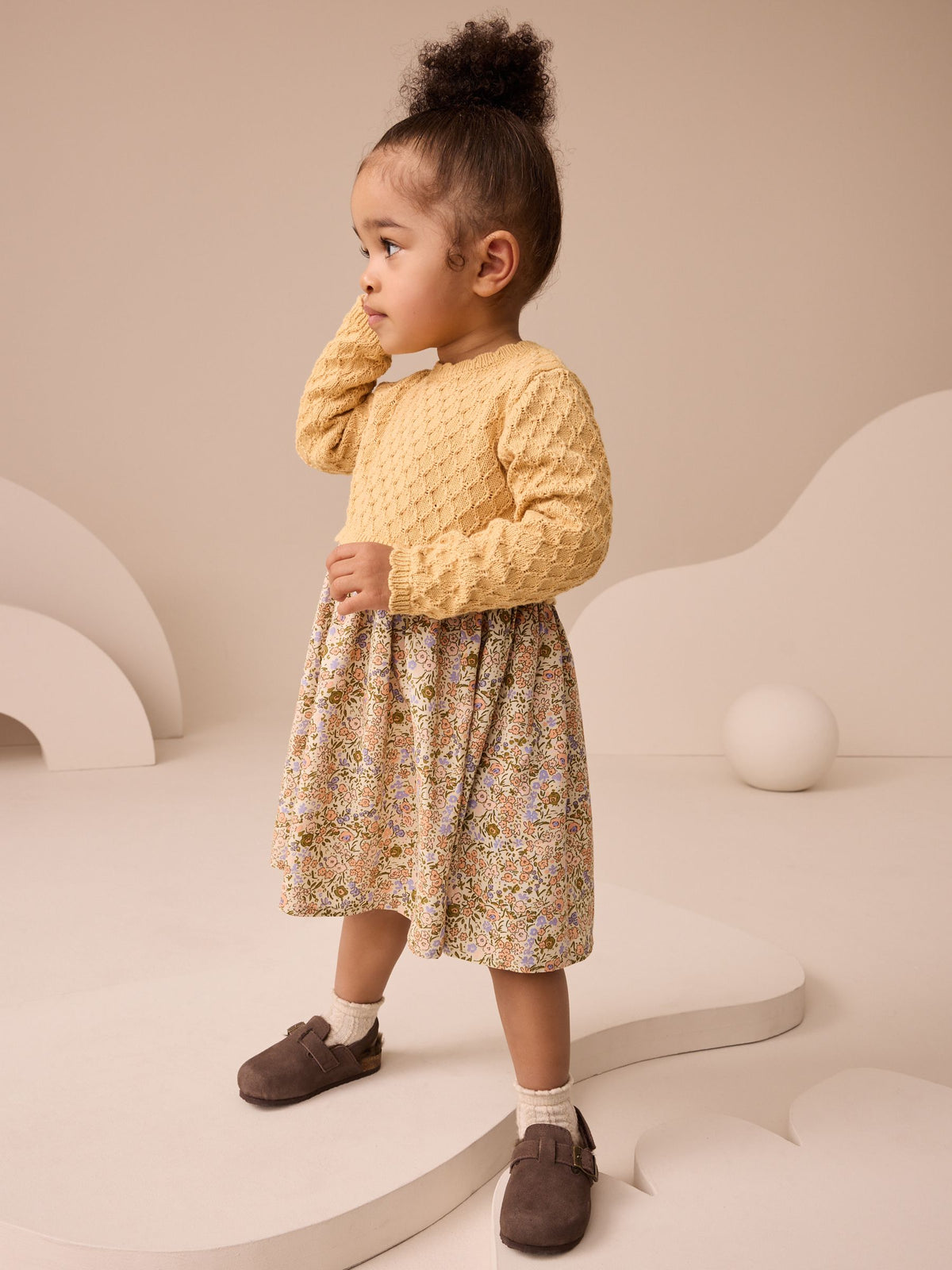 Ochre Yellow Floral Print Knit Dress (3mths-7yrs)