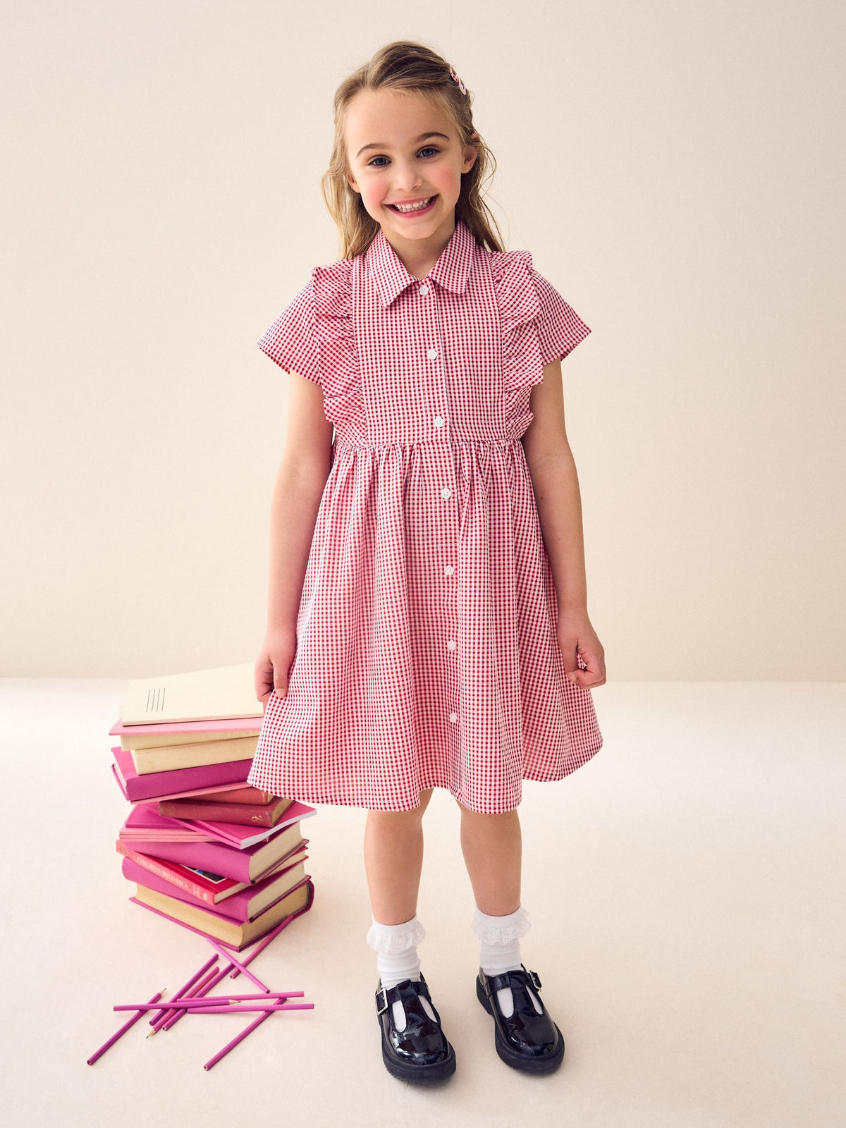Red Cotton Rich Frill Gingham School Dress (3-14yrs)
